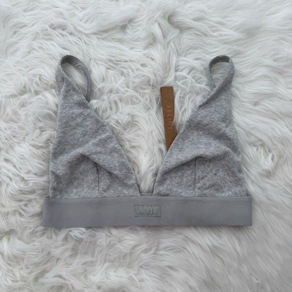 Skims Cotton Rib Plunge Bralette Light Heather Grey Size Small